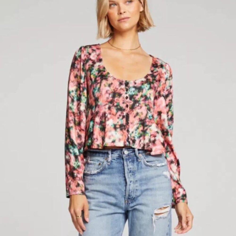 SALTWATER LUXE Multicolor Floral Linnea Long Sleeve Cropped Top Sz S NWT…
